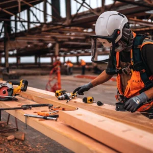 Construction worker in a hard hat and orange safety vest working on a wooden beam with power tools and clamps on a busy job site.