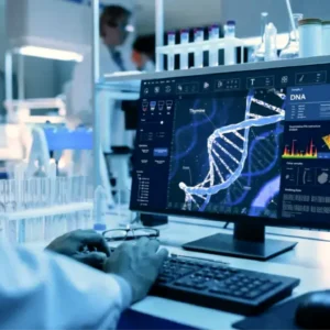 Scientist in a modern lab typing at a keyboard with a DNA double-helix displayed on a monitor.